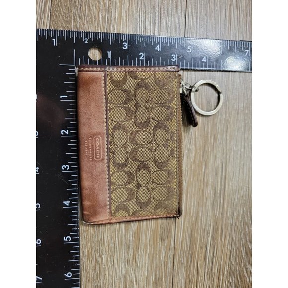 Coach Brown Signature Canvas Leather Trim Women Card Holder Wallet Keyring Zip - Picture 2 of 9